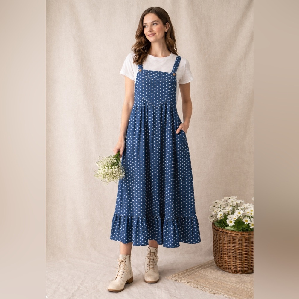 Suzanne Betro Blue Polka Dot Maxi Dress